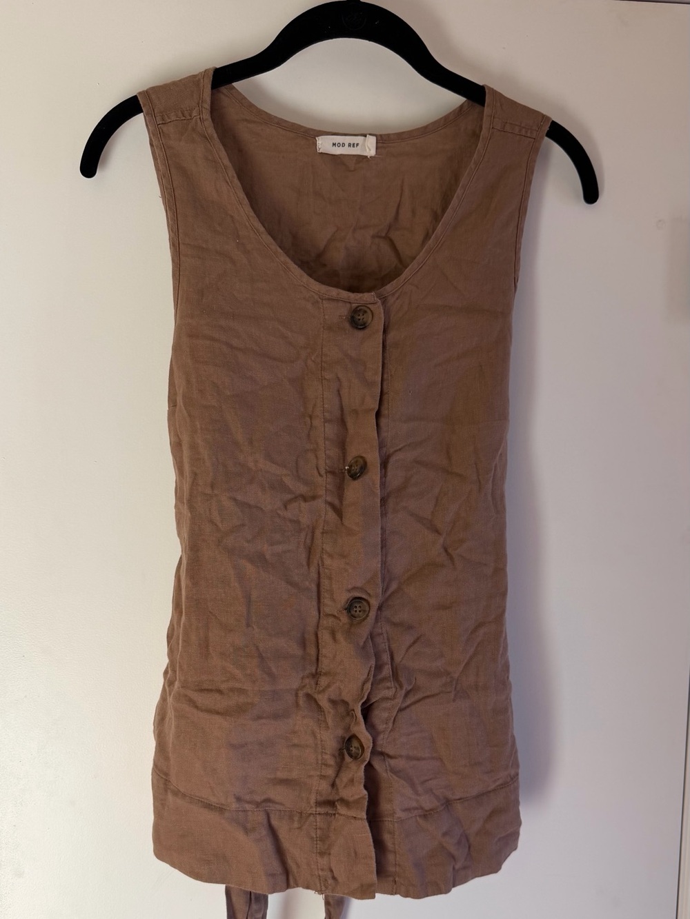 Mod Ref 100% Linen Vanessa Brown Sleeveless Tie-Waist Button Front Tank Top